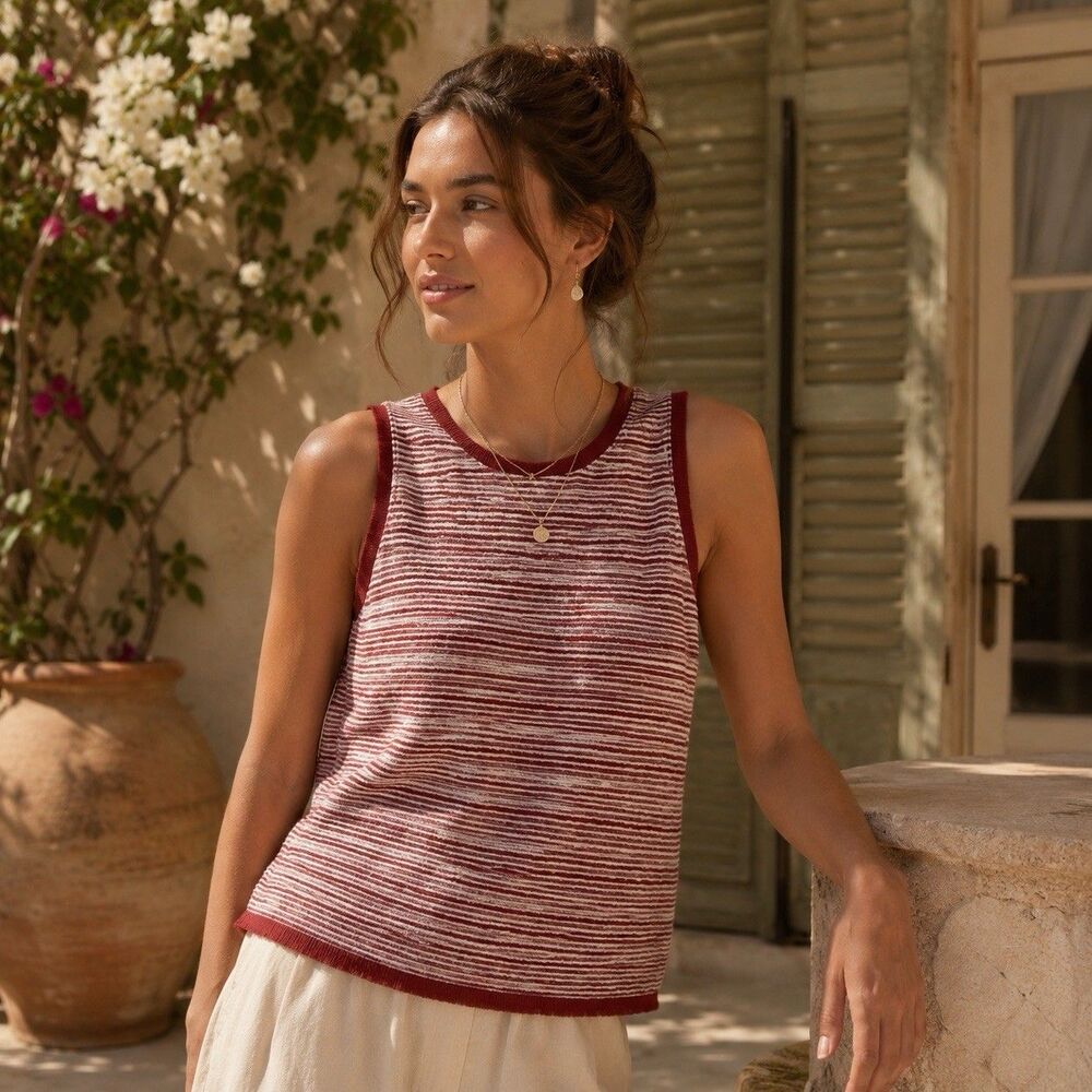 Anthropologie Vanessa Virginia Textured Burgundy Stripes Frayed Hem Top S